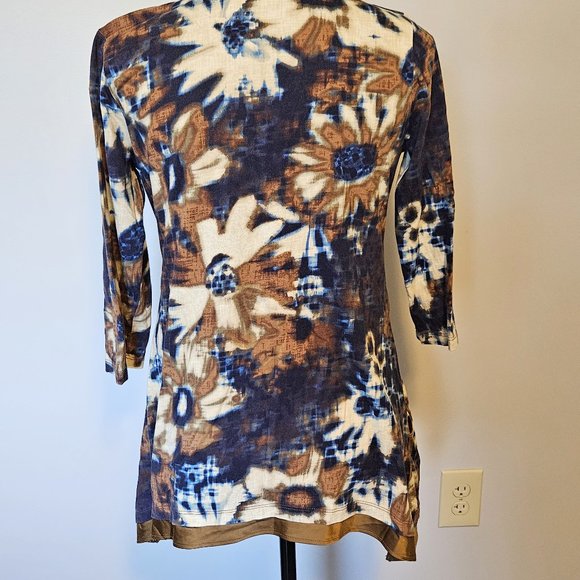 LOGO Lori Goldstein Blue Gold Floral Tunic Top 3/4 Sleeves Size Small - Picture 4 of 6